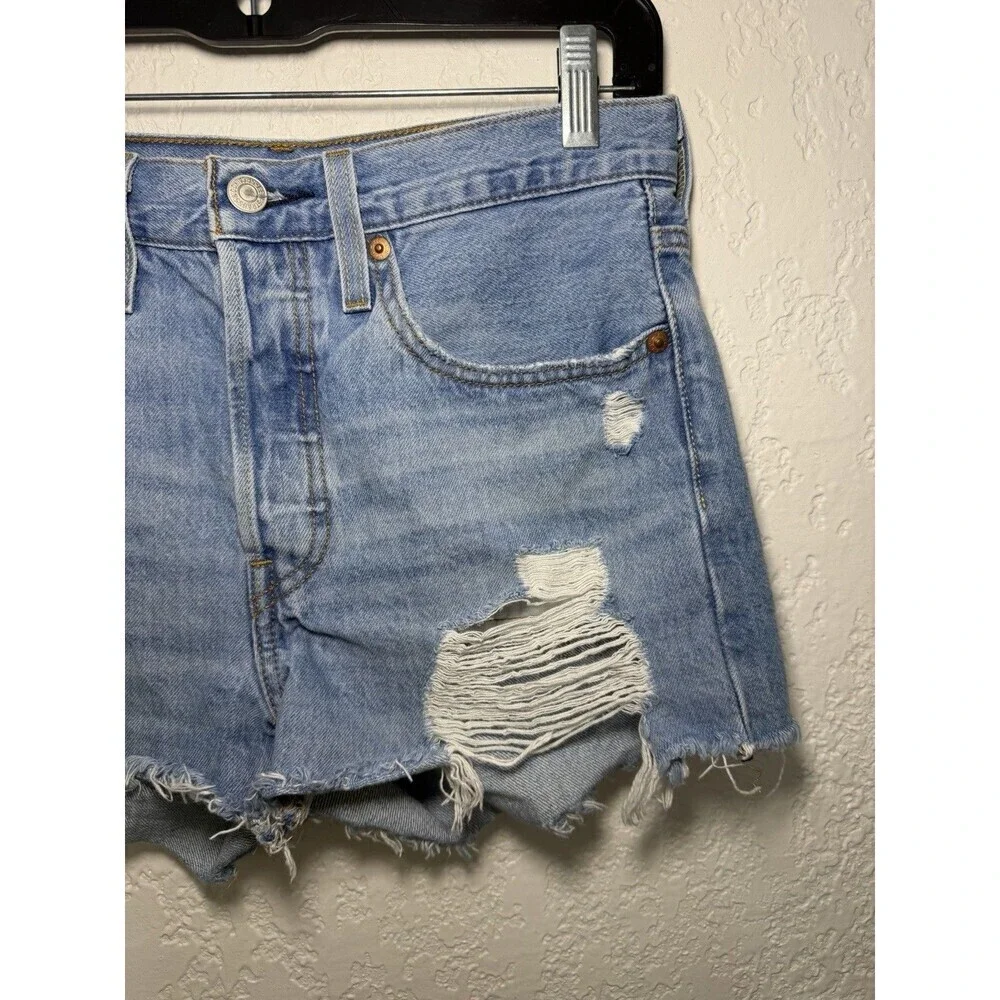 Levi's 501 Distressed Cut Off Denim Shorts Button Fly Blue Size 26